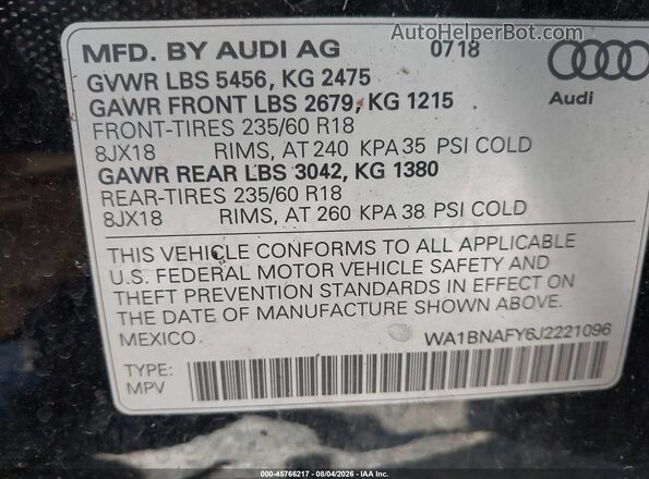 WA1BNAFY6J2221096 2018 AUDI Q5 Black ძრავის განყოფილების ხედი