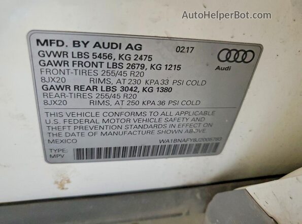 WA1BNAFY8J2005783 2018 AUDI Q5 White VIN sticker view