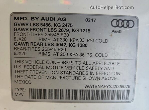 WA1BNAFYXJ2006076 2018 AUDI Q5 White Engine compartment view