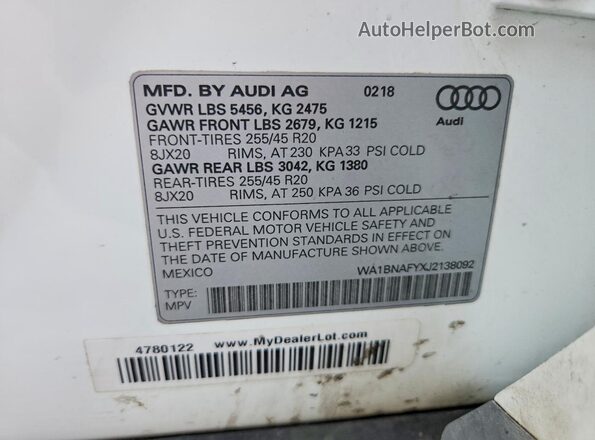 WA1BNAFYXJ2138092 2018 AUDI Q5 White Widok naklejki z numerem VIN