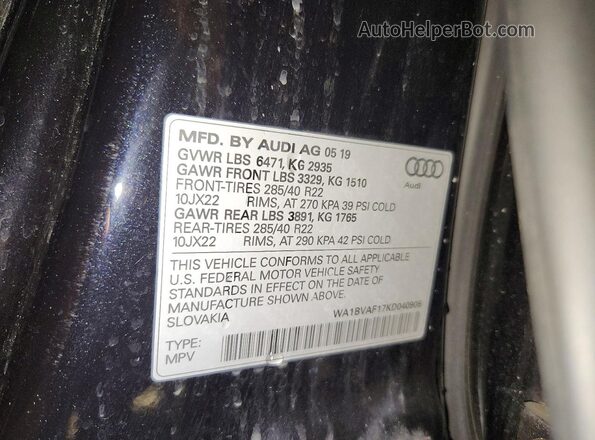 WA1BVAF17KD040906 2019 AUDI Q8 Charcoal VIN კოდის სტიკერის ხედი