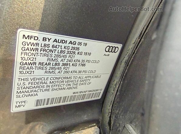 WA1BVAF19KD039112 2019 AUDI Q8 Серый 