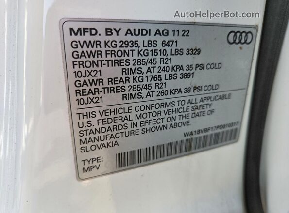 WA1BVBF17PD010317 2023 AUDI Q8 White VIN կոդի պիտակի տեսք