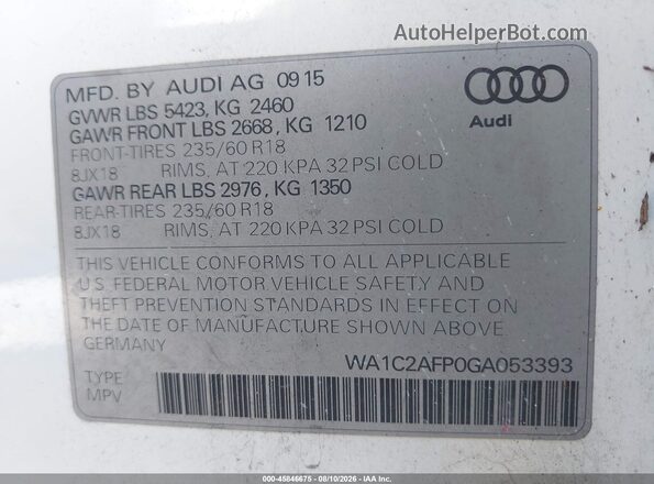 WA1C2AFP0GA053393 2016 AUDI Q5 White Engine compartment view