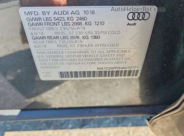 WA1C2AFP0HA072771 2017 AUDI Q5 Gray Vista de la etiqueta del VIN