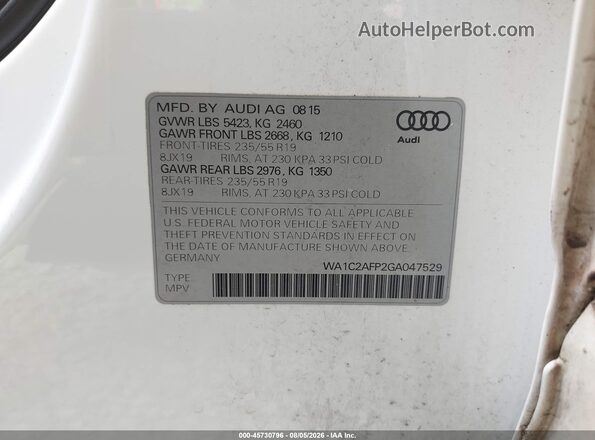 WA1C2AFP2GA047529 2016 AUDI Q5 Белый Вид подкапотного пространства