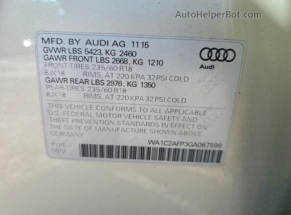 WA1C2AFP3GA087599 2016 AUDI Q5 Серебряный Вид наклейки с VIN-кодом