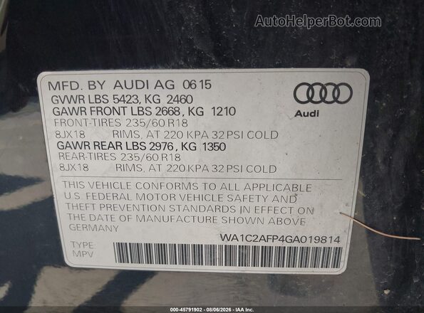 WA1C2AFP4GA019814 2016 AUDI Q5 Black Vista del compartimento del motor