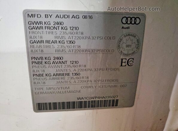 WA1C2AFP4HA035027 2017 AUDI Q5 Белый Вид наклейки с VIN-кодом