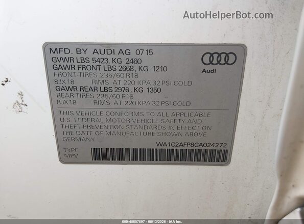 WA1C2AFP8GA024272 2016 AUDI Q5 White Vista del compartimento del motor