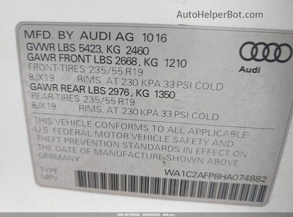 WA1C2AFP8HA074882 2017 AUDI Q5 White Widok komory silnika