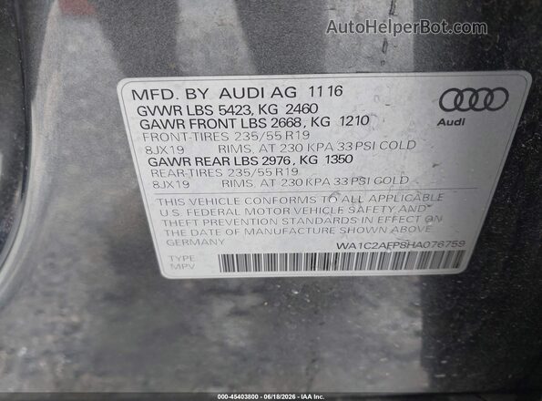 WA1C2AFP8HA076759 2017 AUDI Q5 Gray Widok komory silnika