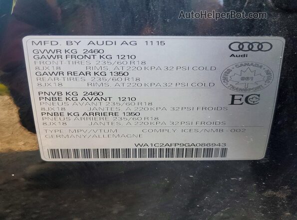 WA1C2AFP9GA086943 2016 AUDI Q5 Black Вид наклейки з VIN-кодом