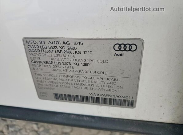 WA1C2AFPXGA074011 2016 AUDI Q5 White Вид наклейки з VIN-кодом
