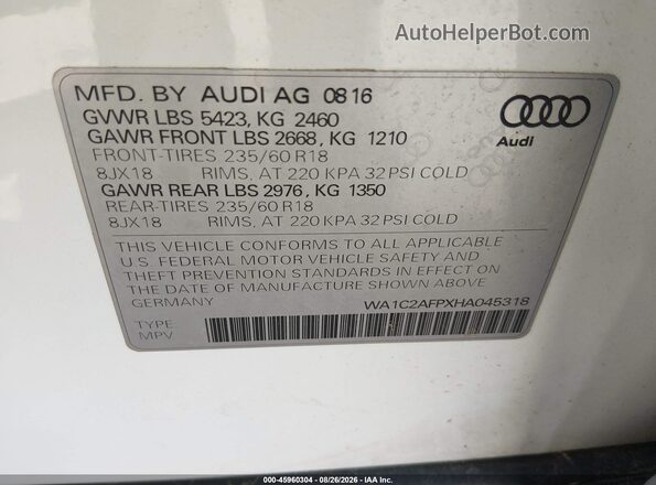 WA1C2AFPXHA045318 2017 AUDI Q5 White ძრავის განყოფილების ხედი