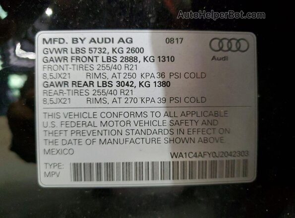 WA1C4AFY0J2042303 2018 AUDI SQ5 Черный Вид наклейки с VIN-кодом