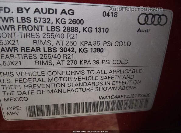WA1C4AFY2J2173880 2018 AUDI SQ5 Burgundy Engine compartment view