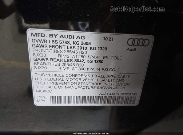 WA1C4AFY6N2029142 2022 AUDI SQ5 Black Widok komory silnika