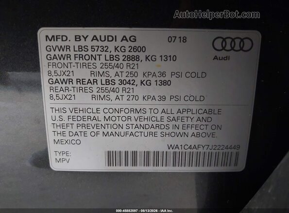 WA1C4AFY7J2224449 2018 AUDI SQ5 Gray Engine compartment view