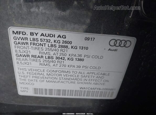 WA1C4AFY8J2055851 2018 AUDI SQ5 Gray Widok komory silnika