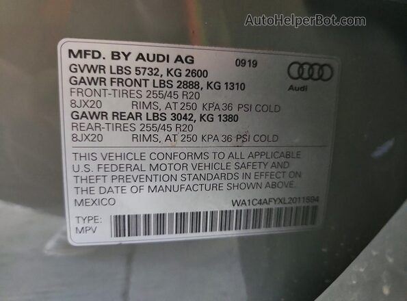 WA1C4AFYXL2011594 2020 AUDI SQ5 Gray VIN sticker view