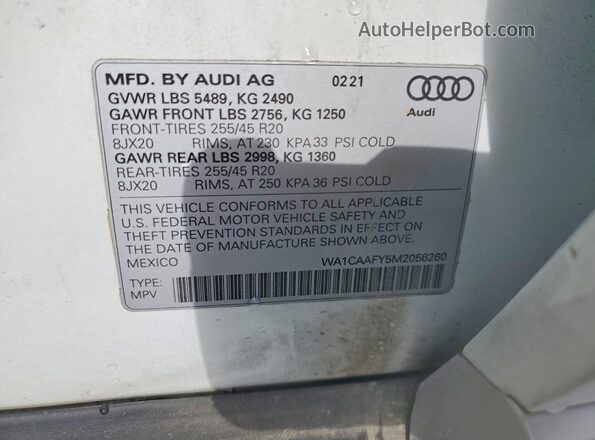 WA1CAAFY5M2056260 2021 AUDI Q5 White Widok naklejki z numerem VIN