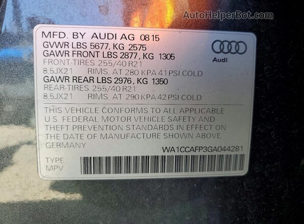 WA1CCAFP3GA044281 2016 AUDI SQ5 Gray VIN კოდის სტიკერის ხედი