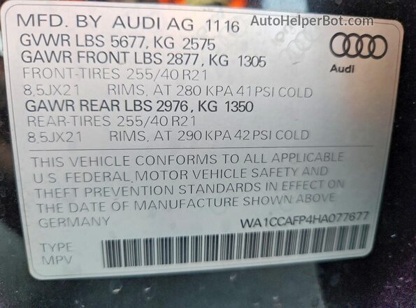 WA1CCAFP4HA077677 2017 AUDI SQ5 Черный Вид наклейки с VIN-кодом