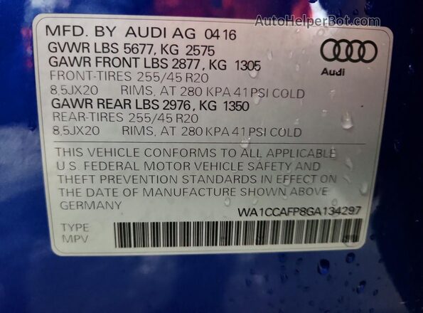 WA1CCAFP8GA134297 2016 AUDI SQ5 Blue VIN sticker view