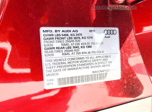 WA1CNAFY2J2060038 2018 AUDI Q5 Maroon Vista de la etiqueta del VIN