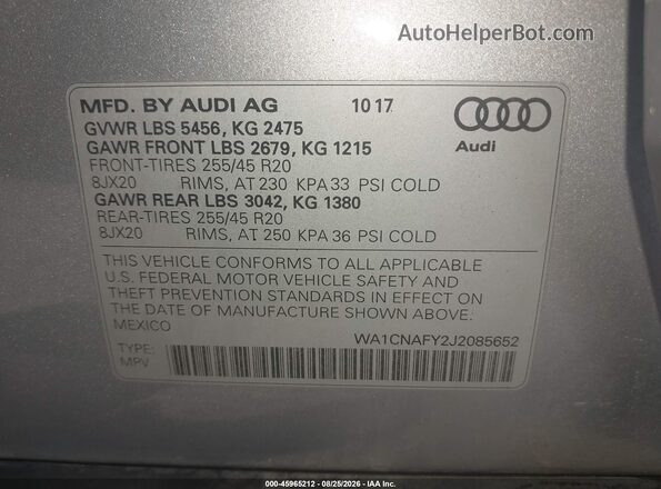 WA1CNAFY2J2085652 2018 AUDI Q5 Silver Widok komory silnika