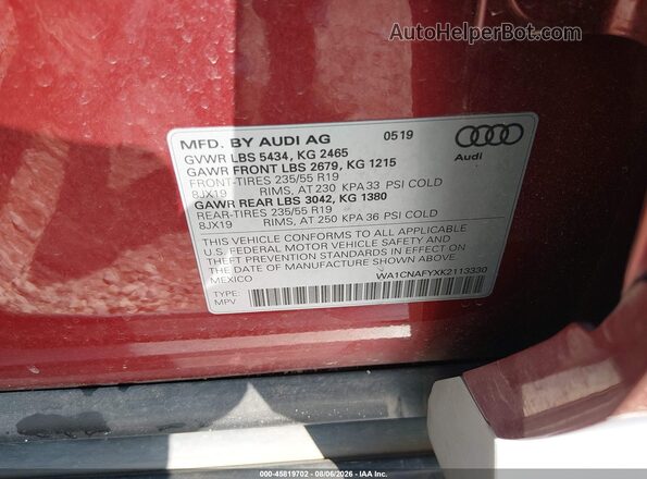WA1CNAFYXK2113330 2019 AUDI Q5 Burgundy Vista del compartimento del motor