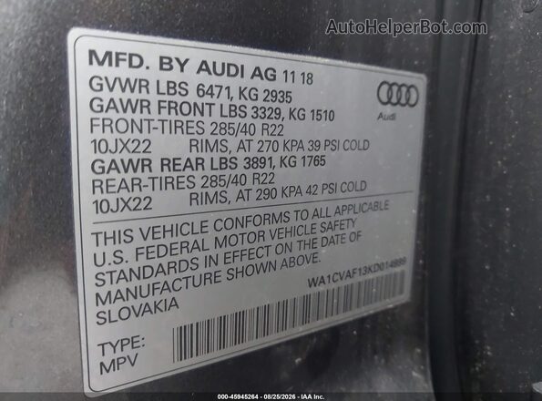 WA1CVAF13KD014999 2019 AUDI Q8 Gray Widok komory silnika
