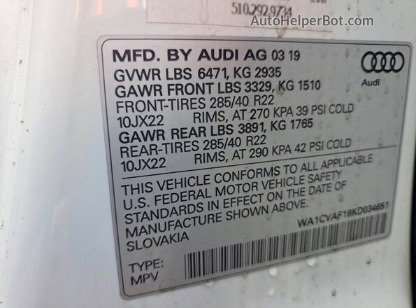 WA1CVAF18KD034651 2019 AUDI Q8 White VIN კოდის სტიკერის ხედი