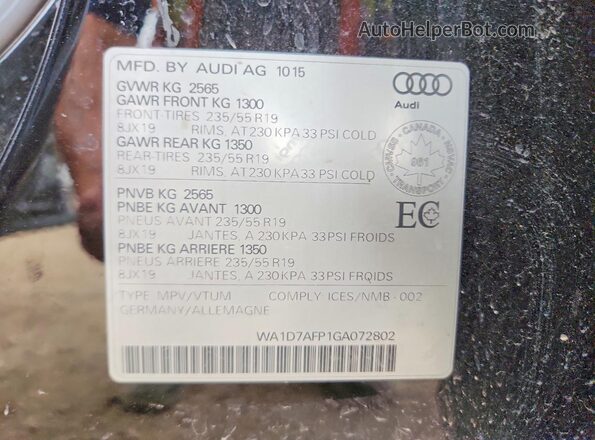 WA1D7AFP1GA072802 2016 AUDI Q5 Черный Вид наклейки с VIN-кодом