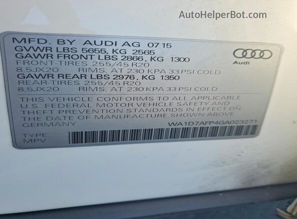 WA1D7AFP4GA023271 2016 AUDI Q5 White VIN կոդի պիտակի տեսք