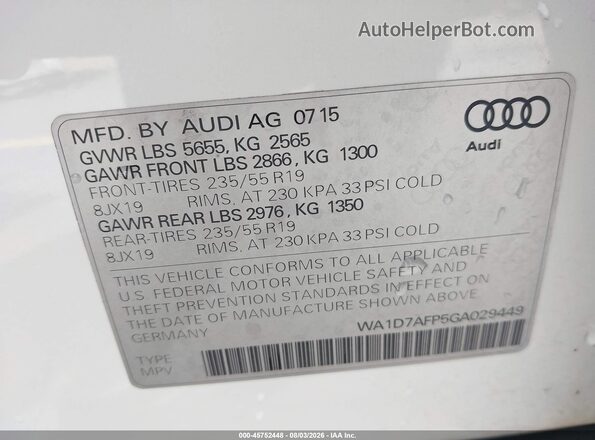 WA1D7AFP5GA029449 2016 AUDI Q5 White Widok komory silnika