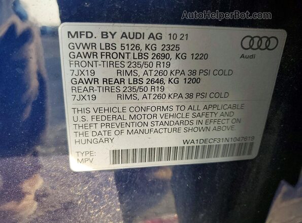 WA1DECF31N1047619 2022 AUDI Q3 Синий Вид подкапотного пространства