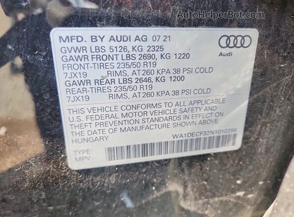 WA1DECF32N1010286 2022 AUDI Q3 Черный Вид наклейки с VIN-кодом