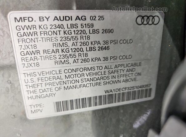 WA1DECF32S1049357 2025 AUDI Q3 Gray VIN sticker view