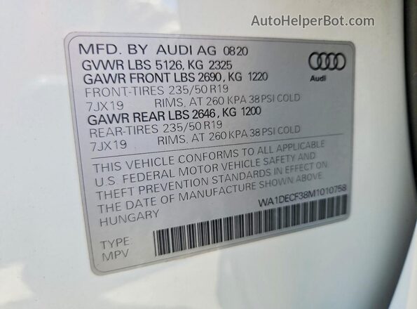 WA1DECF38M1010758 2021 AUDI Q3 White ძრავის განყოფილების ხედი