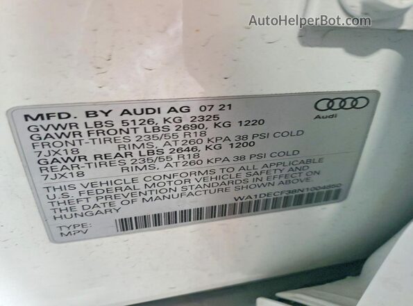 WA1DECF38N1004850 2022 AUDI Q3 White VIN կոդի պիտակի տեսք
