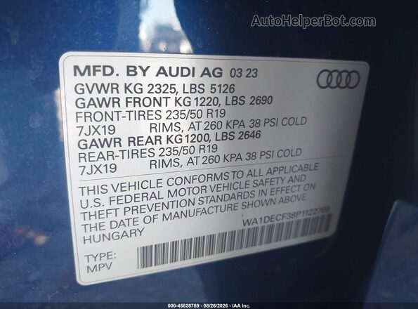 WA1DECF38P1122769 2023 AUDI Q3 Blue ძრავის განყოფილების ხედი