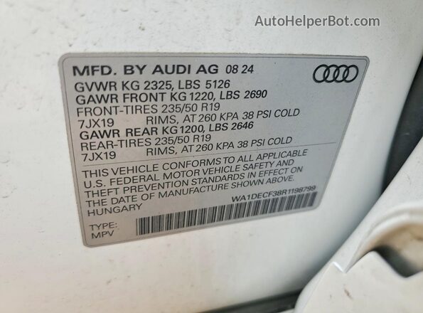 WA1DECF38R1198799 2024 AUDI Q3 White VIN კოდის სტიკერის ხედი