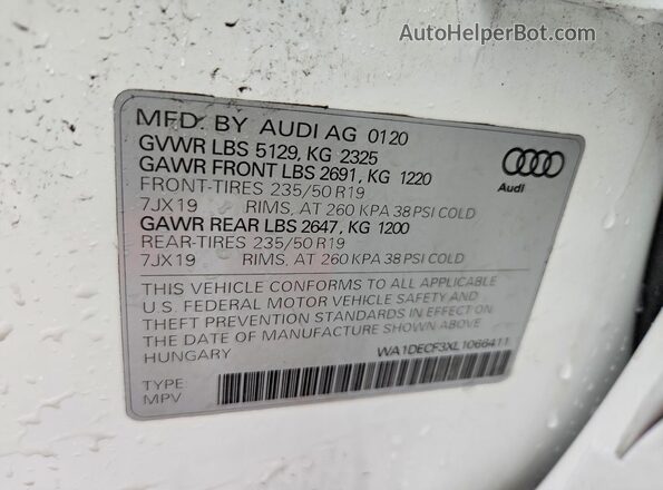 WA1DECF3XL1066411 2020 AUDI Q3 White VIN sticker view