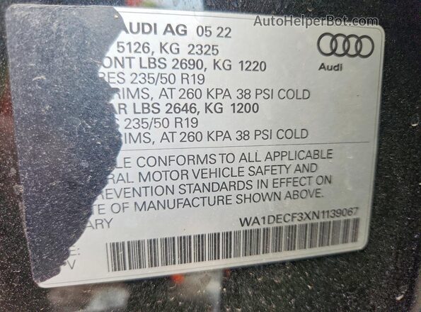 WA1DECF3XN1139067 2022 AUDI Q3 Black Вид наклейки з VIN-кодом