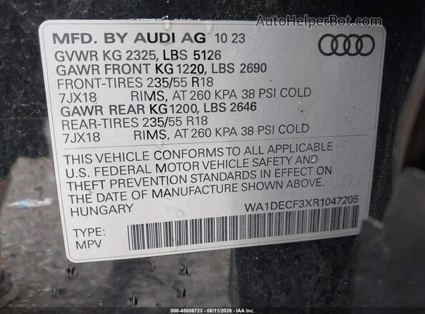 WA1DECF3XR1047205 2024 AUDI Q3 Black Engine compartment view