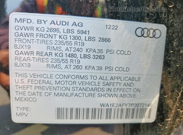 WA1E2AFY7P2072146 2023 AUDI Q5 Черный Вид наклейки с VIN-кодом