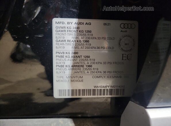 WA1EAAFY1M2114342 2021 AUDI Q5 Black Vista interior de 360 grados