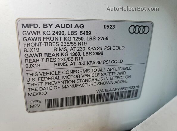 WA1EAAFY2P2153378 2023 AUDI Q5 White VIN կոդի պիտակի տեսք